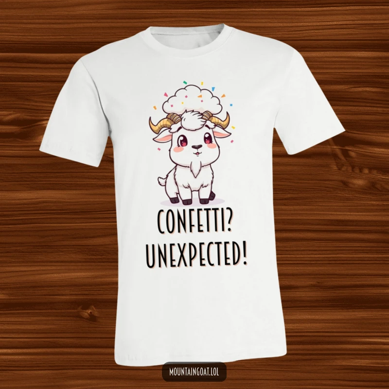 Funny T-Shirt: A mountain goat looks utterly surprised as a cloud overhead showers it with confetti.
