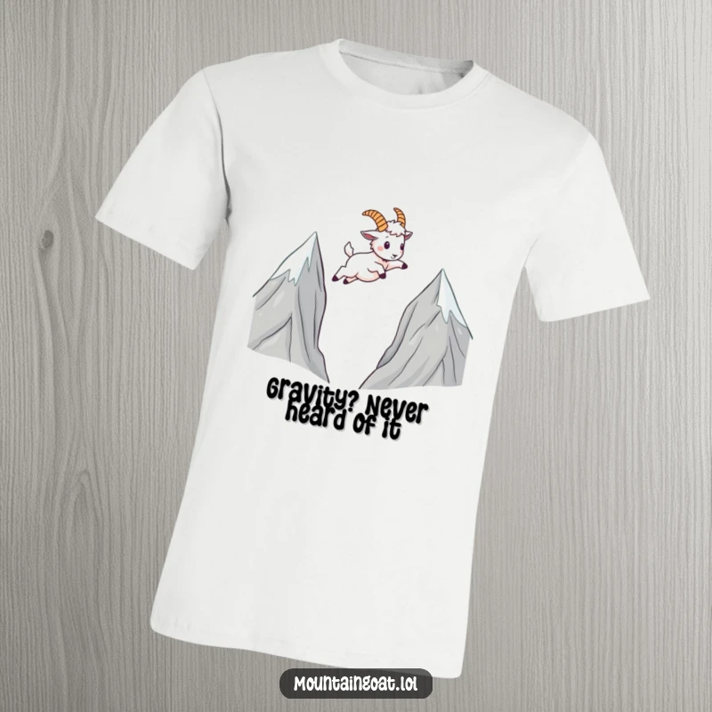 Funny Mountain Goat T-Shirt: A kawaii goat leaps energetically over a mountain gap, showcasing bravery and a playful spirit.