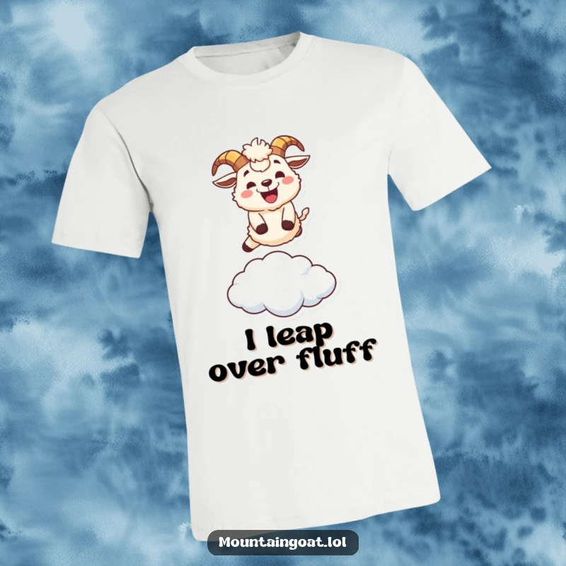 Funny fluffy mountain goat character t-shirt, leaping energetically over a small cloud with a wide, infectious grin, pure joy.