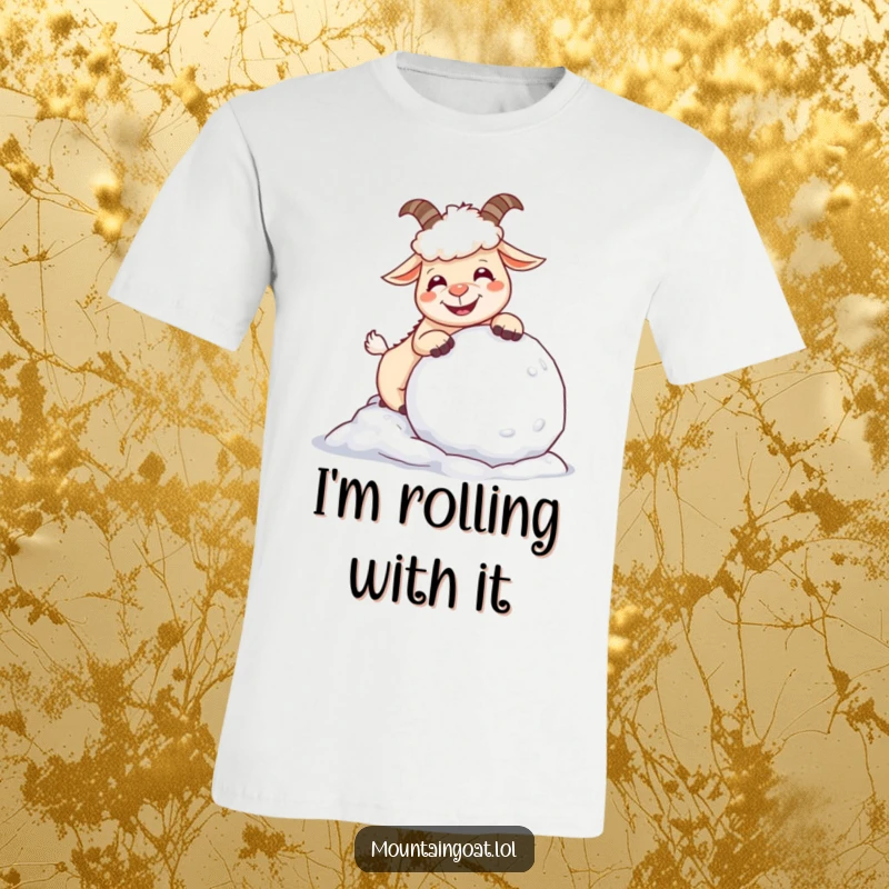 Funny giggling mountain goat joyfully pushing a large snowball, showcasing pure, unadulterated fun on a comfortable t-shirt.