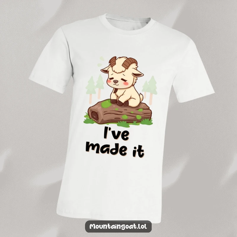 Funny tired mountain goat blissfully sighing on a mossy log, captured on a soft t-shirt for ultimate comfort and humor.