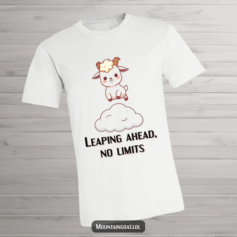 Funny kawaii mountain goat mid-leap, soaring cheerfully over a small, whimsical cloud, printed on a soft t-shirt.