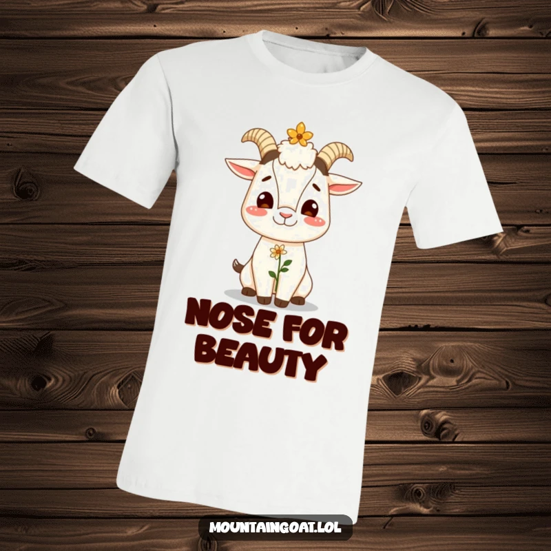 Funny t-shirt of a giggling mountain goat balancing a tiny flower on its nose, capturing a moment of playful delight.