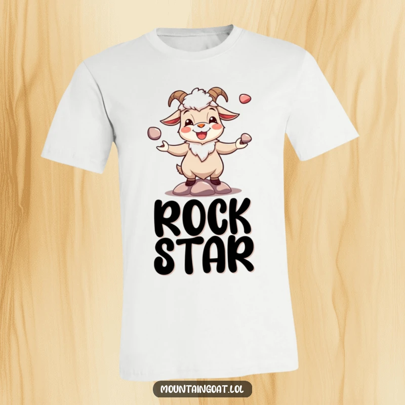 Funny joyous mountain goat juggling shiny pebbles, printed on a soft t-shirt. Whimsical and uplifting.