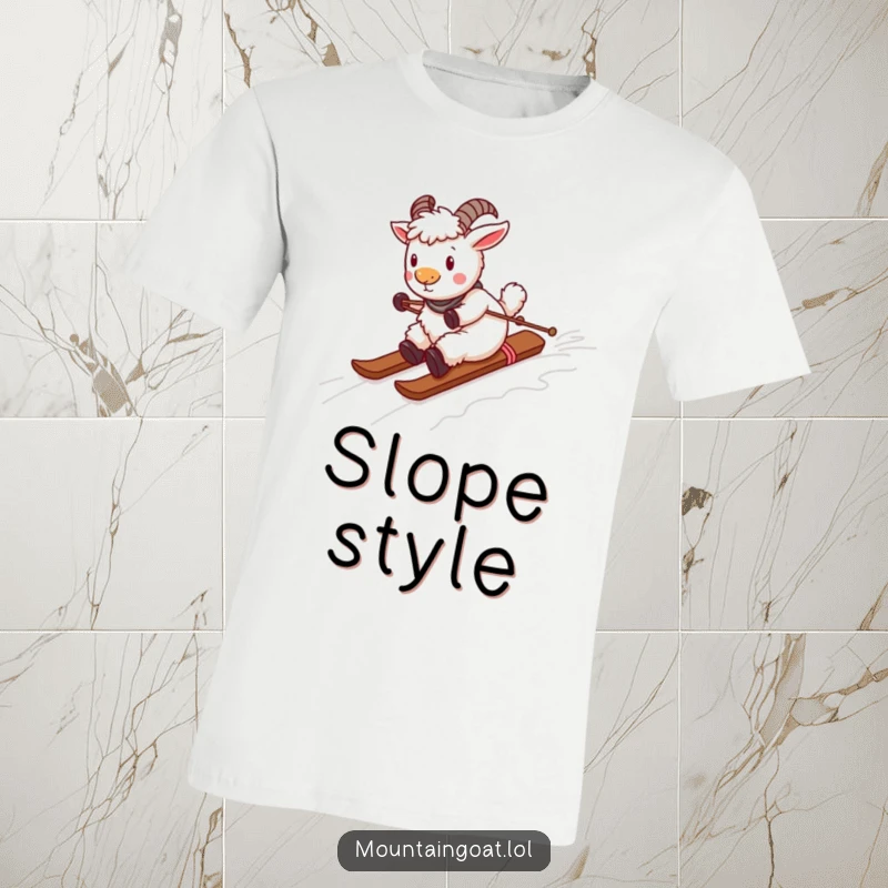 Funny playful mountain goat skiing down a slope crafted from yarn, printed on a soft t-shirt. Quirky and amusing.
