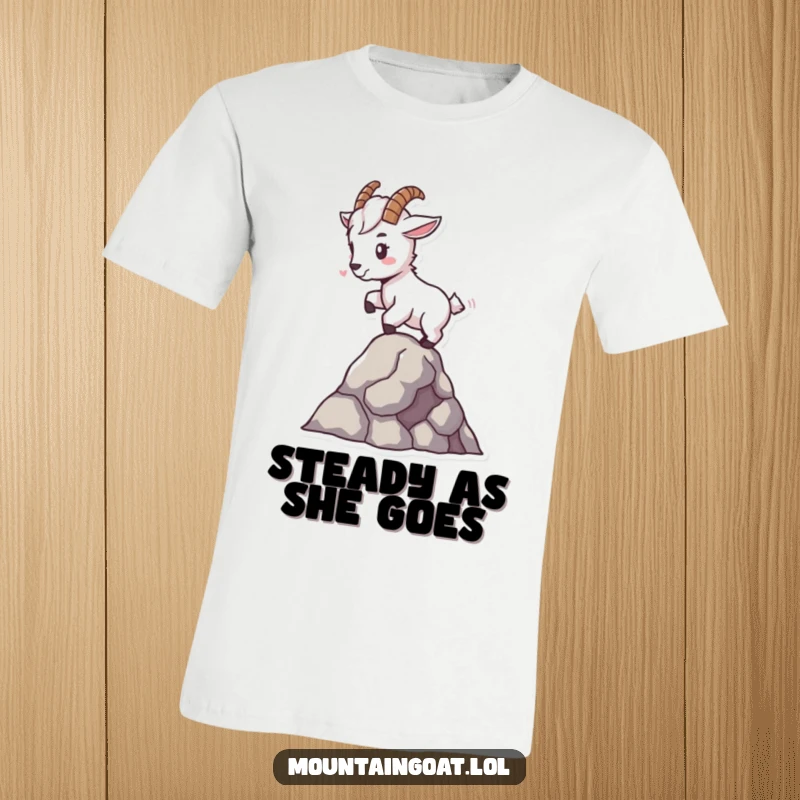 Funny tiny mountain goat t-shirt, balancing expertly on a single rock, a symbol of skill, stability, and humor.