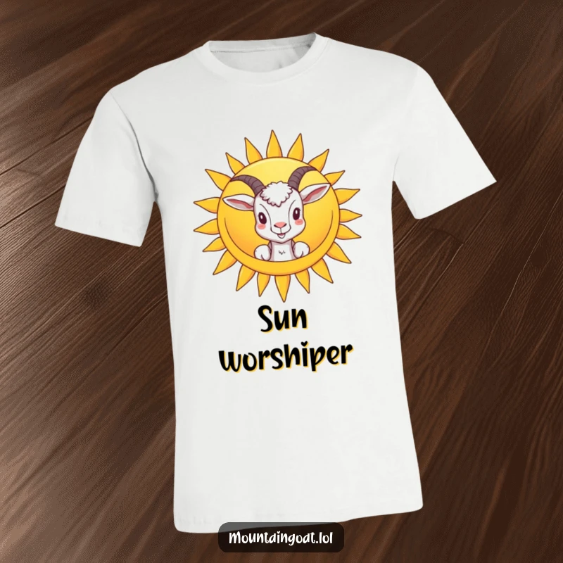 Funny t-shirt depicting a goat peeking from behind a giant smiling sun, a cheerful and humorous design for goat enthusiasts.