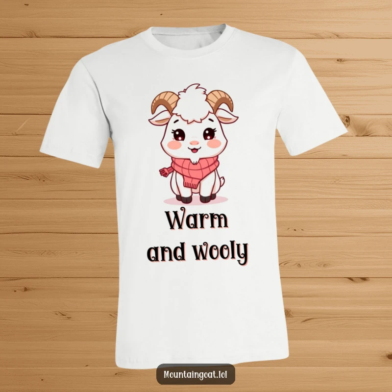 Funny Mountain Goat Scarf T-Shirt: A happy goat sports a knitted scarf and a warm smile, ideal for cozy, fun style.