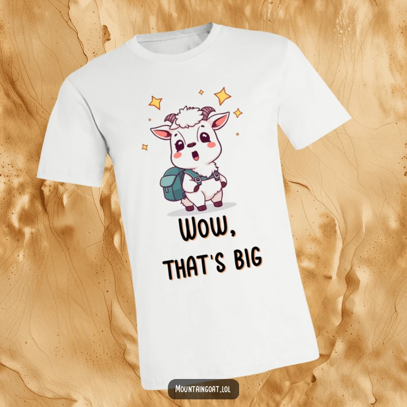 Funny t-shirt of a startled mountain goat in a small backpack, looking up at the vast, star-filled night sky.