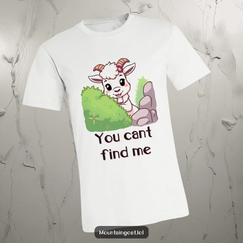 Funny mountain goat t-shirt showing a mischievous goat hiding behind a bush, playing hide-and-seek with a playful grin.