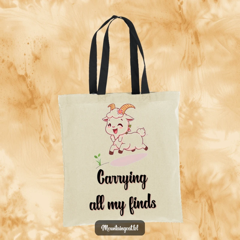 Funny Joyous Goat Tote Bag: A charming tote bag depicting a happy mountain goat with flowers in its fur skipping uphill.