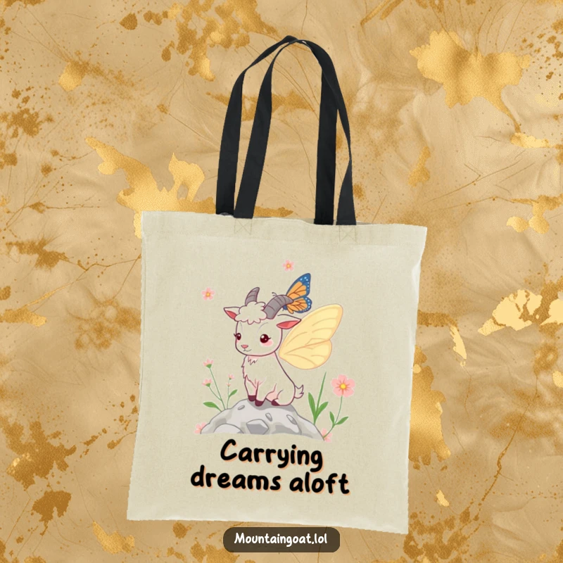 Funny Tote Bag: A whimsical illustration of a mountain goat with elegant butterfly wings floating near mountain wildflowers, perfect for eco-conscious humor.