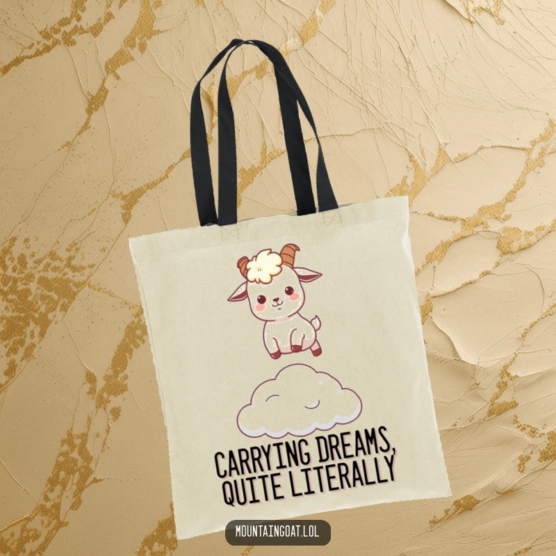 Funny kawaii mountain goat hilariously leaping over a small cloud, designed on a durable and spacious tote bag.