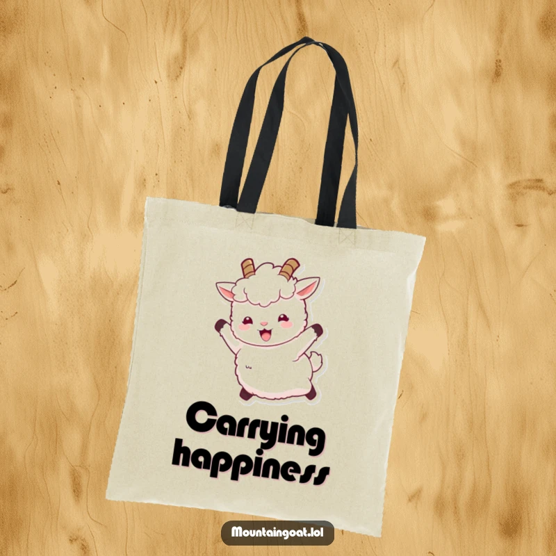 Funny tote bag featuring a fluffy white mountain goat with tiny horns leaping joyfully, perfect for carrying items with a dose of whimsical energy.