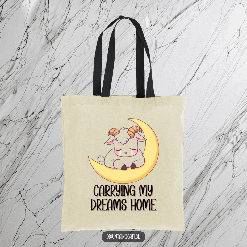 Funny tote bag with a mountain goat napping on a moon, perfect for carrying your items with a smile.