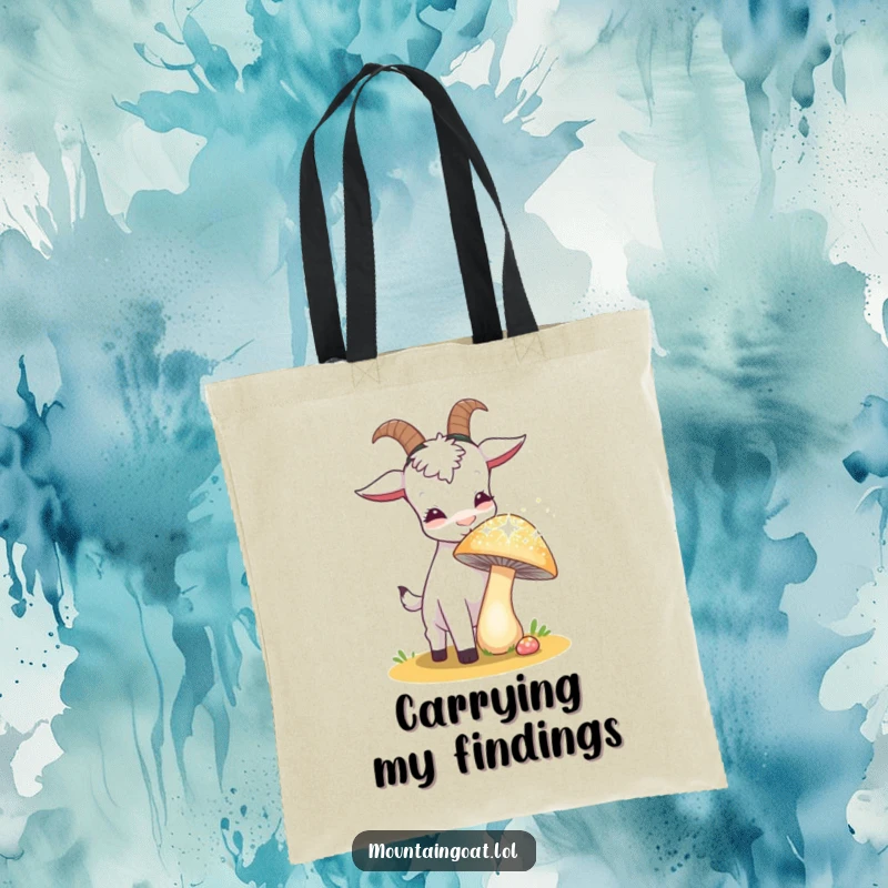 Funny goat curiously sniffing a sparkling, oversized mushroom on a tote bag, perfect for carrying essentials with a sense of adventure.',