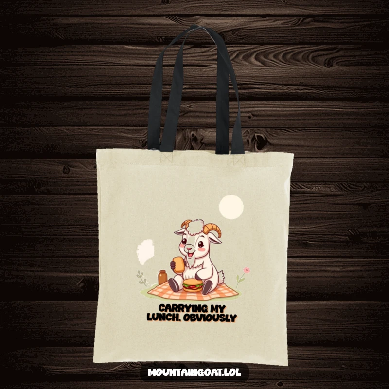 Funny mountain goat tote bag featuring a happy goat with a tiny sandwich at a picnic, perfect for carrying groceries with a touch of humor.