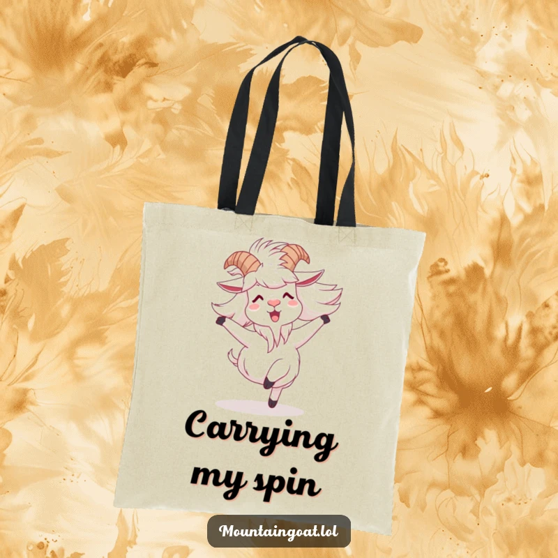 Funny mountain goat tote bag featuring a character spinning joyfully with windblown fur, ideal for carrying essentials with energy.