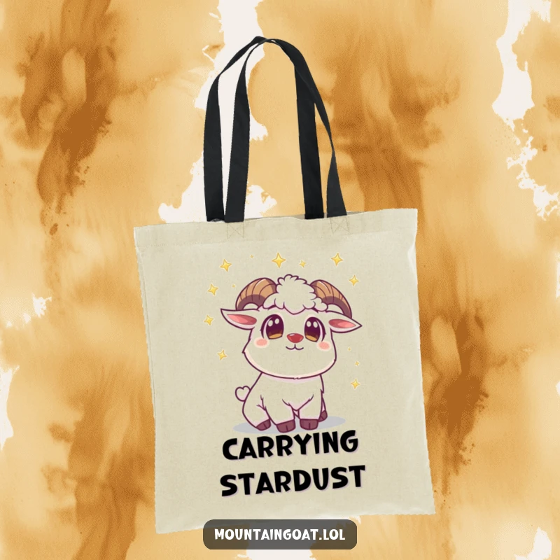 Funny Mountain Goat Star Tote Bag: A wide-eyed goat stares at stars, perfect for carrying essentials with a touch of cosmic wonder.