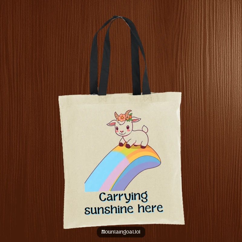 Funny goat with a flower crown sliding down a rainbow slope on a tote bag, perfect for carrying items with cheerful flair.',