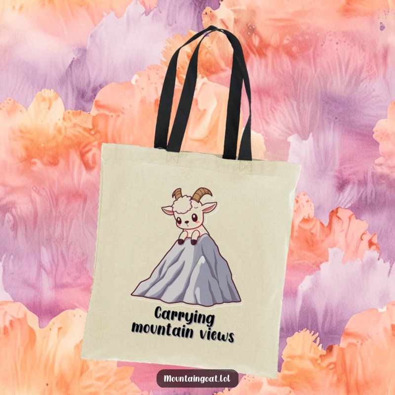 Funny Kawaii mountain goat tote bag featuring a curious goat peering from a mountain peak, ideal for carrying adventure gear.