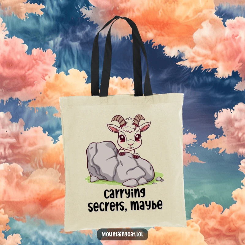 Funny Mountain Goat Tote Bag, peeking from behind a rock, demonstrating curiosity, durable and stylish, perfect funny gift.