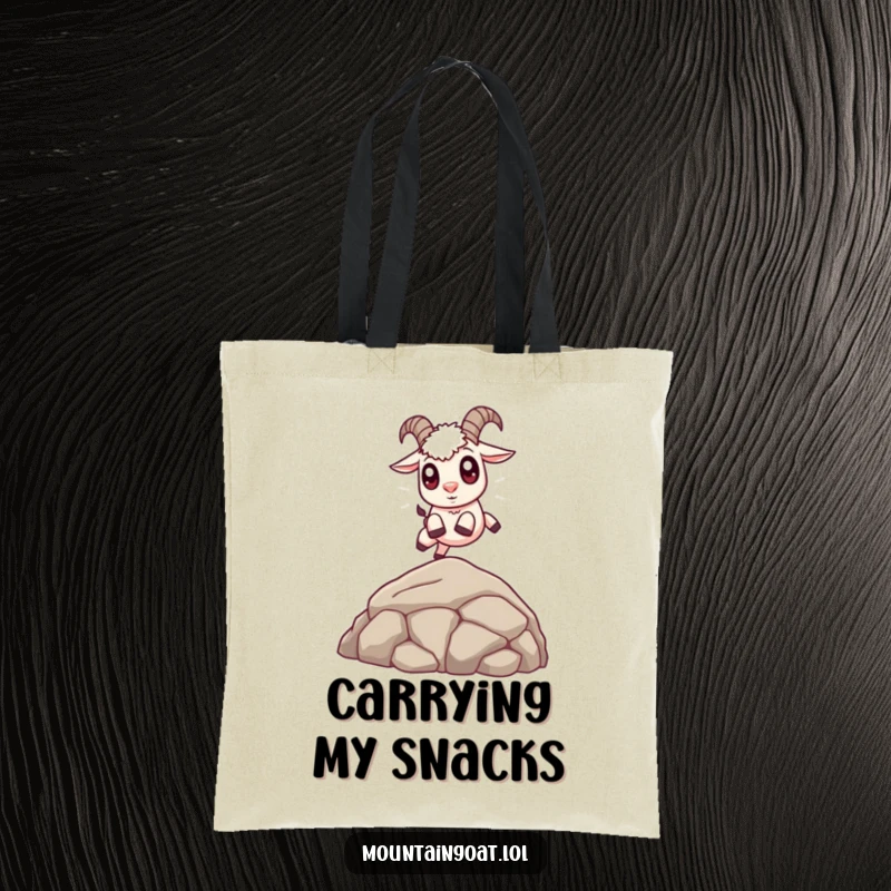 Funny Cute Goat Tote Bag: A charming tote bag depicting a cute mountain goat with large eyes jumping over a rock.