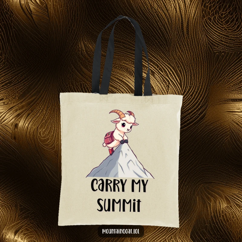 Funny tote bag depicting a cute mountain goat in hiking boots reaching a summit, a humorous and practical accessory.