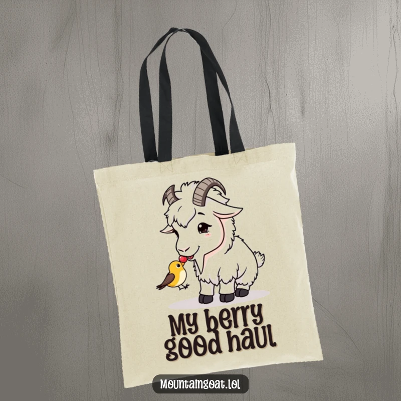 Funny Tote Bag: A mountain goat offers a berry to a small bird, symbolizing generosity and friendship.