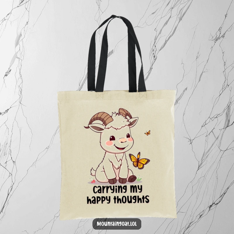Silly smiling kawaii mountain goat playing with a butterfly, a delightful and funny tote bag for everyday use.