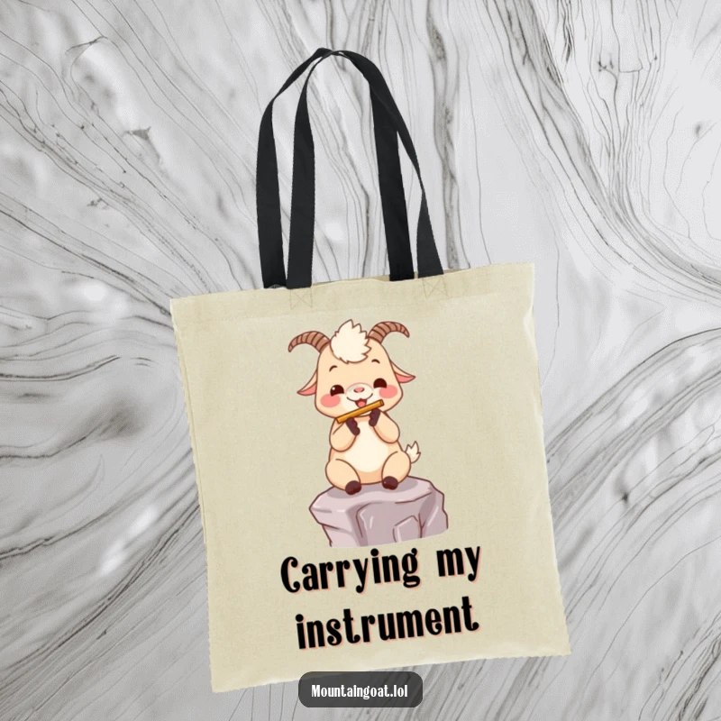 Funny kawaii mountain goat joyfully playing a flute on a mountain ledge, designed on a durable tote bag.