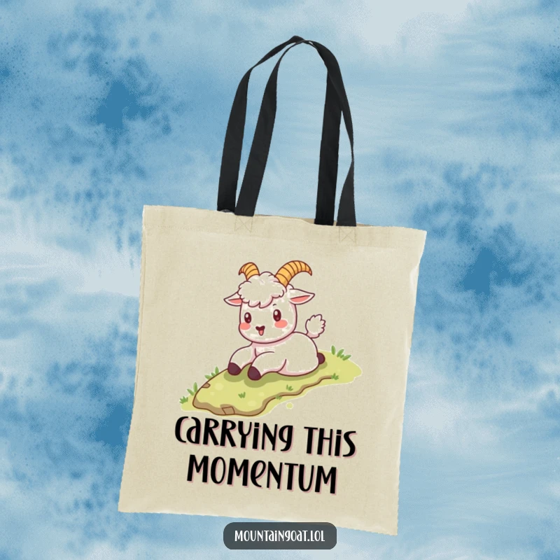Funny kawaii mountain goat in motion, sliding down a grassy hill, making this tote bag a symbol of fun.