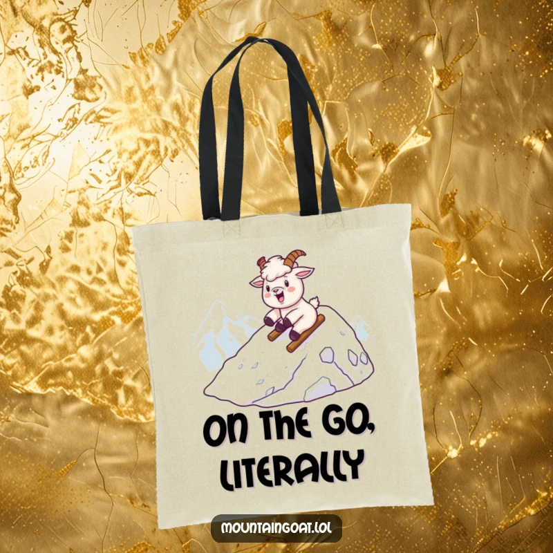 Funny kawaii mountain goat sliding down a snowy peak, designed on a practical and amusing tote bag.