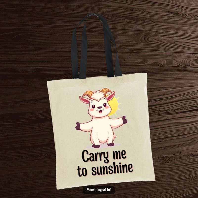 Funny kawaii mountain goat embracing the sunshine, on a durable and stylish tote bag.