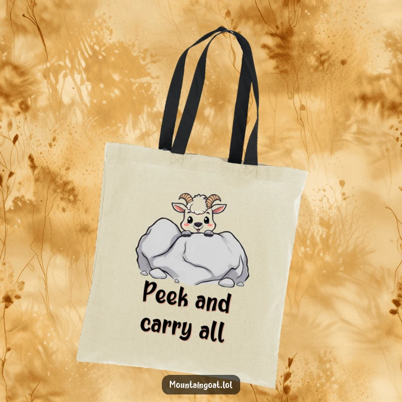 Funny kawaii mountain goat peeking from behind a boulder, on a durable, spacious tote bag.