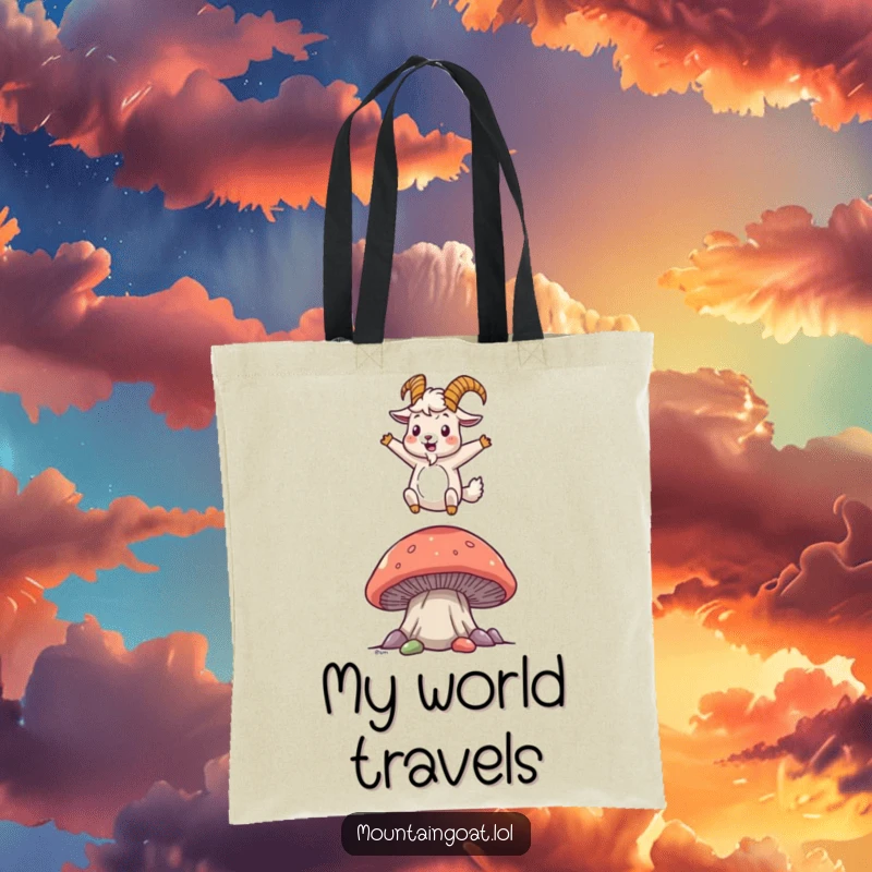 Funny mountain goat tote bag with a joyful character energetically bouncing on a huge mushroom, perfect for carrying everyday items.