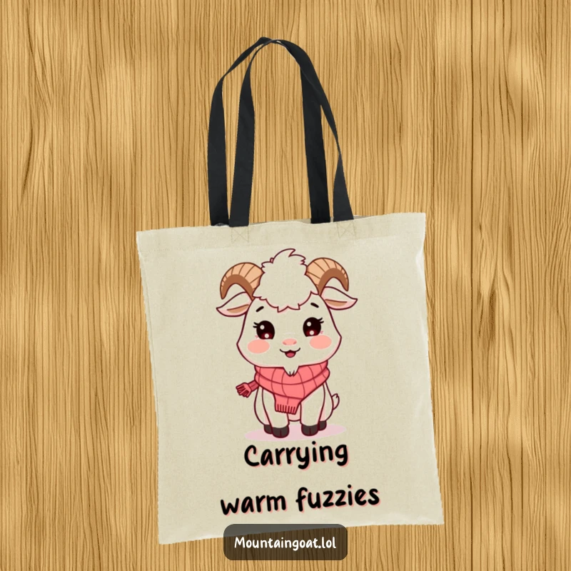 Funny Mountain Goat Scarf Tote Bag: A smiling goat in a scarf brings warmth and charm, perfect for carrying essentials.