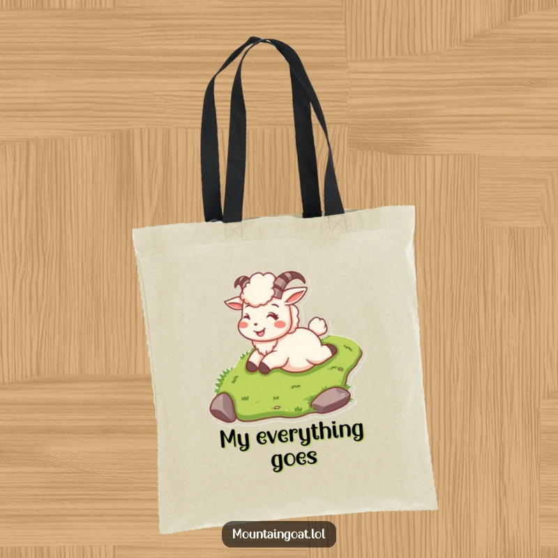 Funny mountain goat on a tote bag, sliding down a grassy slope smiling, perfect for adventures.