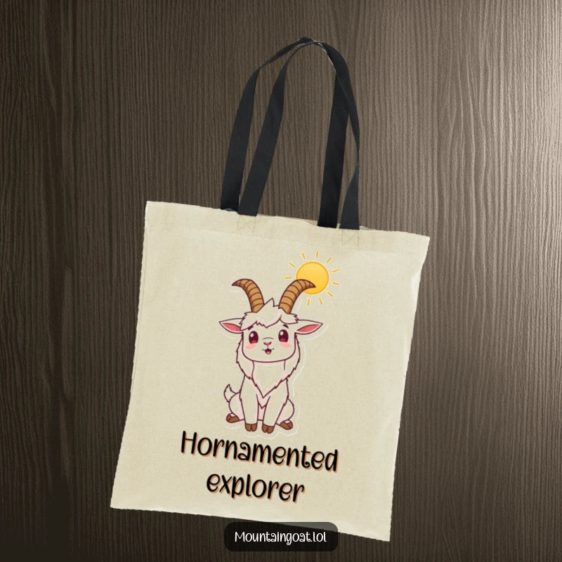 Funny tote bag with a mountain goat character stretching its horns to the sun, symbolizing an energetic and happy start to the day.