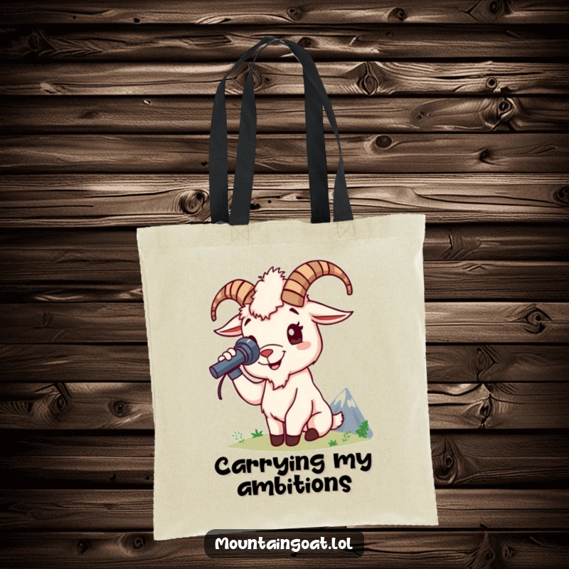 Funny mountain goat tote bag displays a cheerful goat character using a spyglass to spot distant mountain peaks, ideal for adventure.