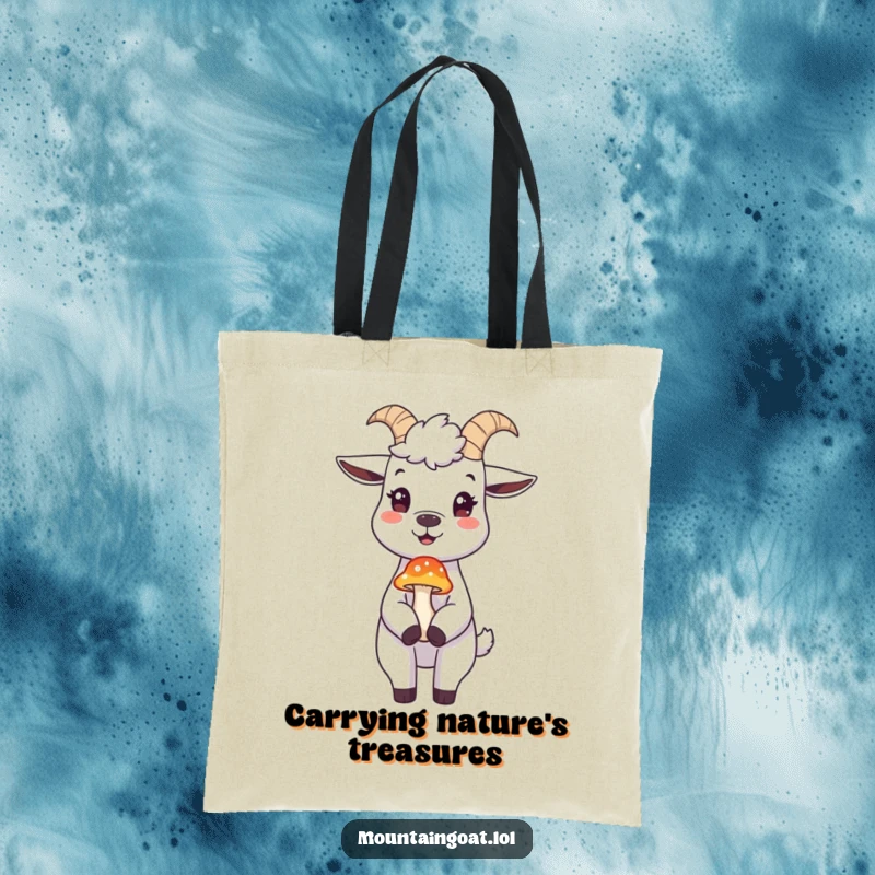 Funny mountain goat tote bag, a happy goat skillfully balancing a mushroom on its nose, for stylish, humorous carrying.