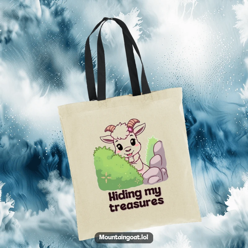 Funny mountain goat tote bag featuring a mischievous goat hiding behind a bush, playing hide-and-seek with a playful grin.