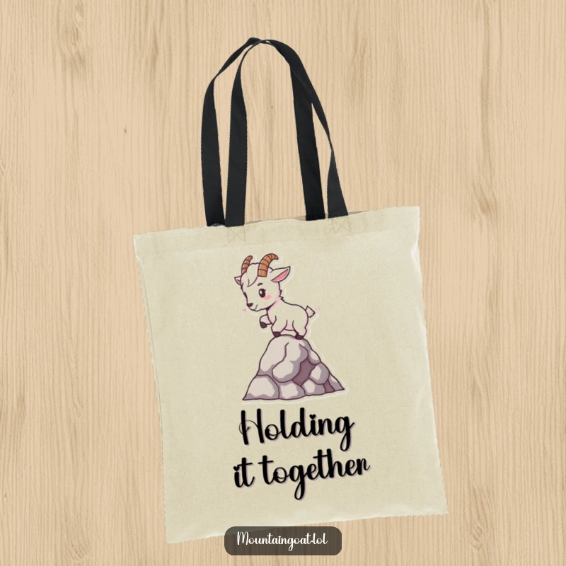 Funny tiny mountain goat tote bag, balancing expertly on a single rock, a practical and humorous accessory for daily life.