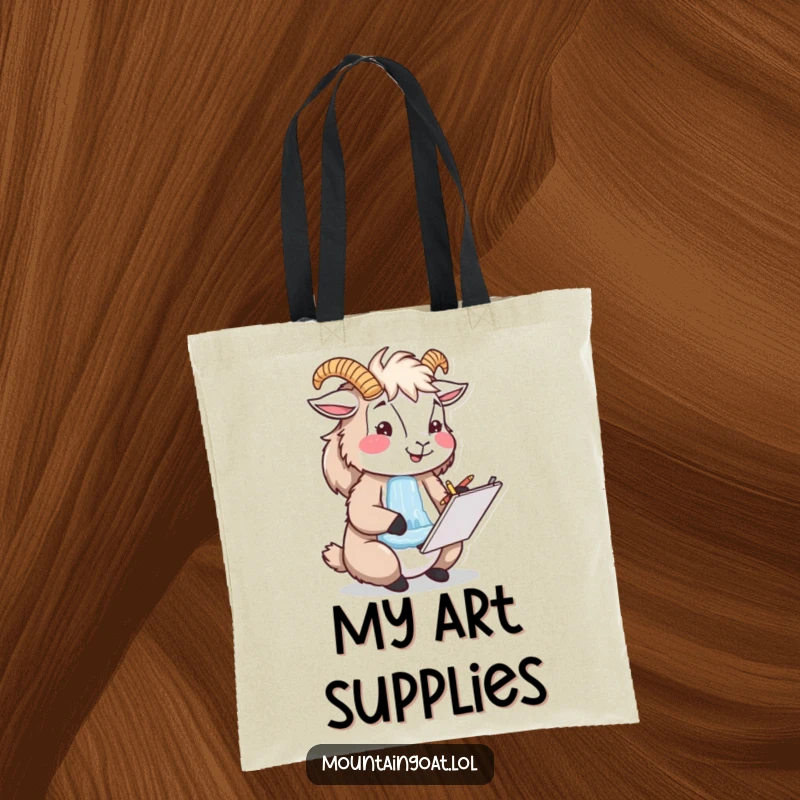 Funny happy mountain goat artist sketching a waterfall, a functional and artistic tote bag for creative minds.