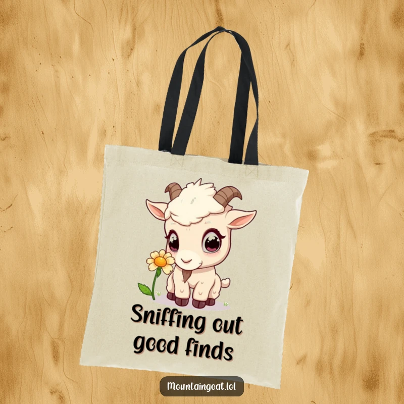 Funny kawaii mountain goat with curious eyes sniffing a flower, designed on a durable and stylish tote bag.